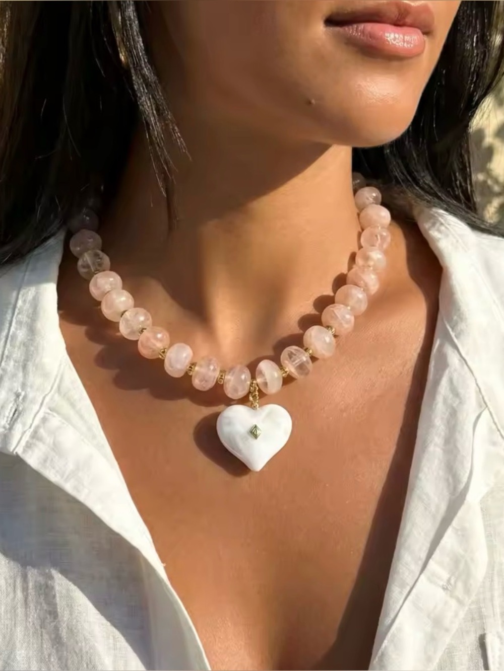 Rose Quartz Beaded Necklace with White Heart Pendant. Choker necklace.